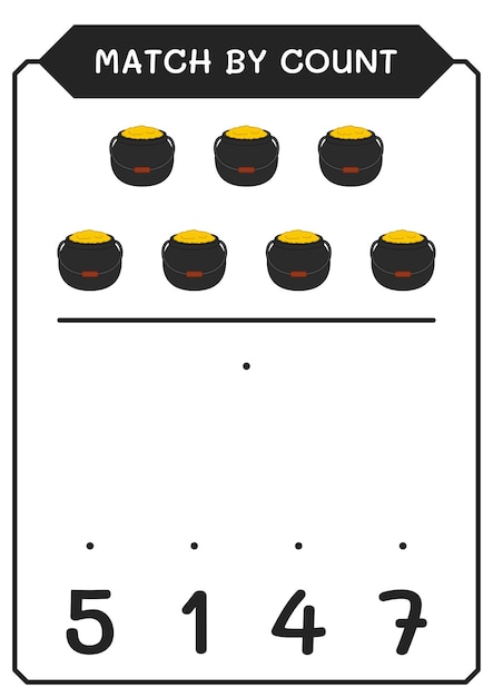 Match by count of Cauldron game for children Hoja de trabajo imprimible de ilustración vectorial