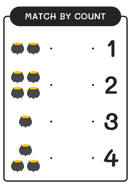 Match by count of Cauldron game for children Hoja de trabajo imprimible de ilustración vectorial