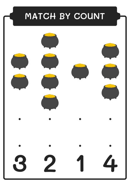 Match by count of Cauldron game for children Hoja de trabajo imprimible de ilustración vectorial