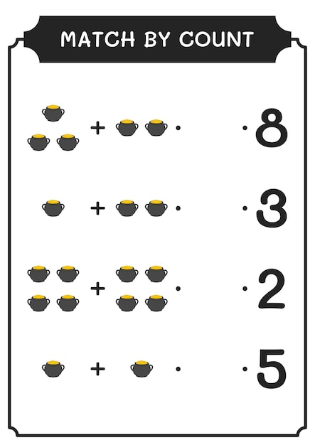 Match by count of Cauldron game for children Hoja de trabajo imprimible de ilustración vectorial