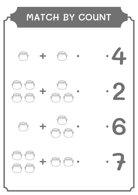 Match by count of cauldron game for children hoja de trabajo imprimible de ilustración vectorial