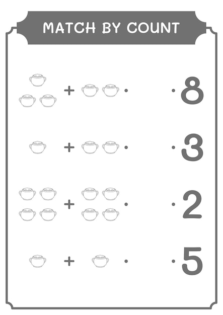 Match by count of Cauldron game for children Hoja de trabajo imprimible de ilustración vectorial