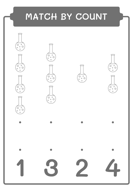 Match by count of chemistry matraz juego para niños hoja de trabajo imprimible de ilustración vectorial