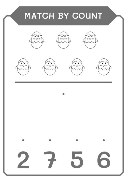 Match by count of chick juego para niños hoja de trabajo imprimible de ilustración vectorial