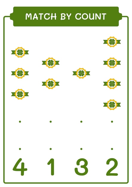 Match by count of clover badge game para niños hoja de trabajo imprimible de ilustración vectorial