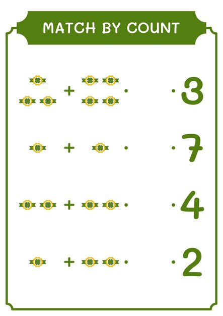 Match by count of Clover badge game para niños Hoja de trabajo imprimible de ilustración vectorial