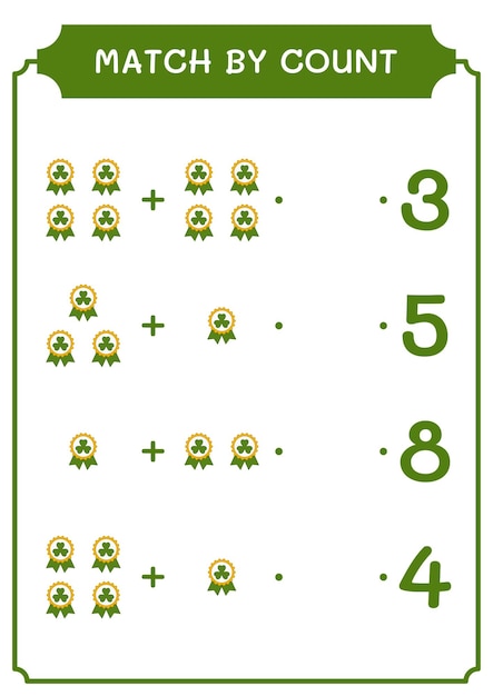 Match by count of Clover badge game para niños Hoja de trabajo imprimible de ilustración vectorial