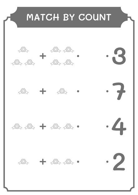 Match by count of Clover badge game para niños Hoja de trabajo imprimible de ilustración vectorial