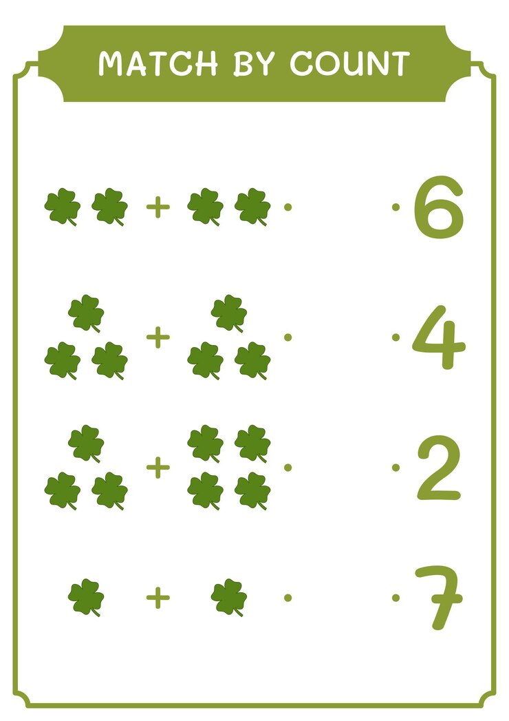 Vector match by count of clover juego para niños hoja de trabajo imprimible de ilustración vectorial