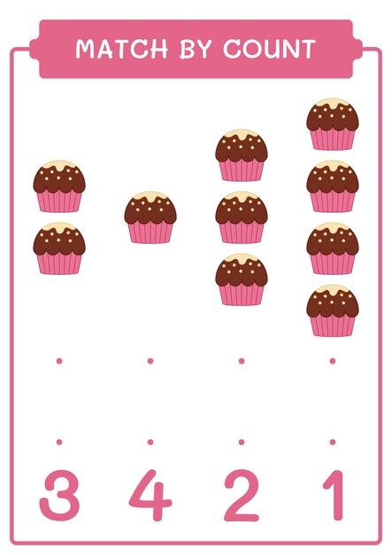Match by count of Cupcake game for children Hoja de trabajo imprimible de ilustración vectorial