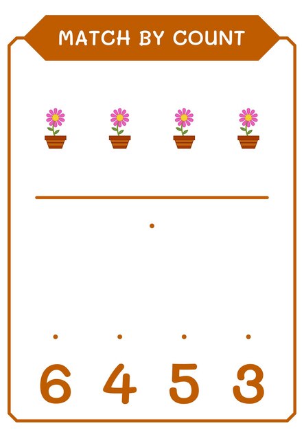 Match by count of Flower juego para niños Hoja de trabajo imprimible de ilustración vectorial