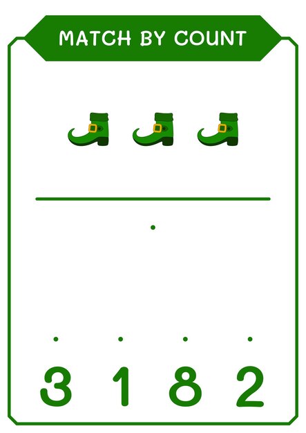 Match by count of Leprechaun boot game for children Hoja de trabajo imprimible de ilustración vectorial