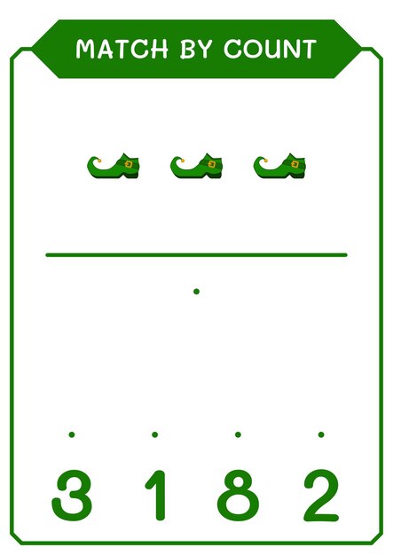 Match by count of leprechaun boot game for children hoja de trabajo imprimible de ilustración vectorial