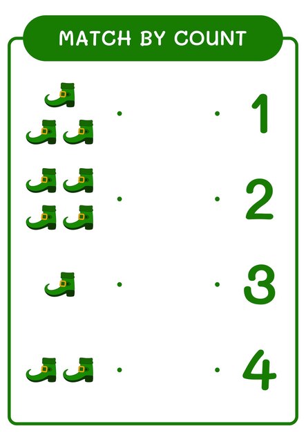 Match by count of leprechaun boot game for children hoja de trabajo imprimible de ilustración vectorial