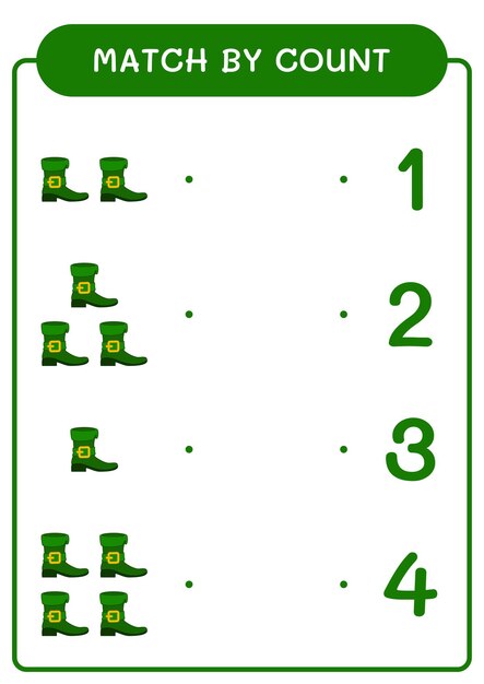 Match by count of Leprechaun boot game for children Hoja de trabajo imprimible de ilustración vectorial