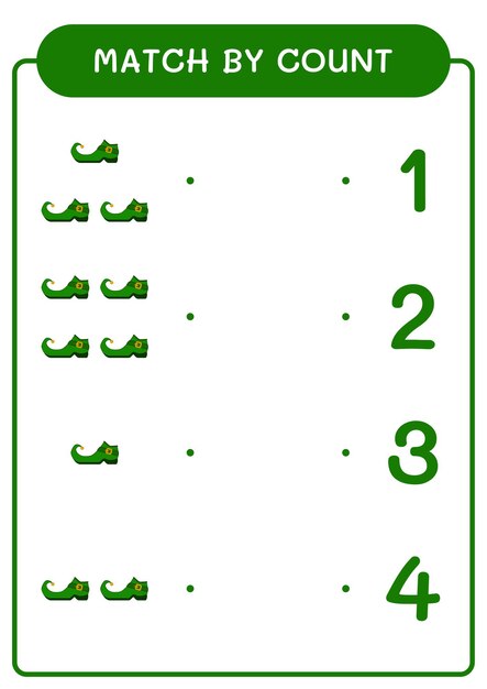 Match by count of Leprechaun boot game for children Hoja de trabajo imprimible de ilustración vectorial