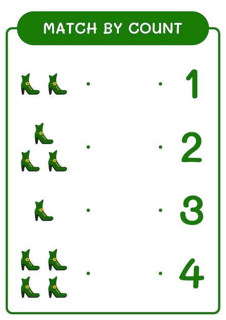 Match by count of Leprechaun boot game for children Hoja de trabajo imprimible de ilustración vectorial