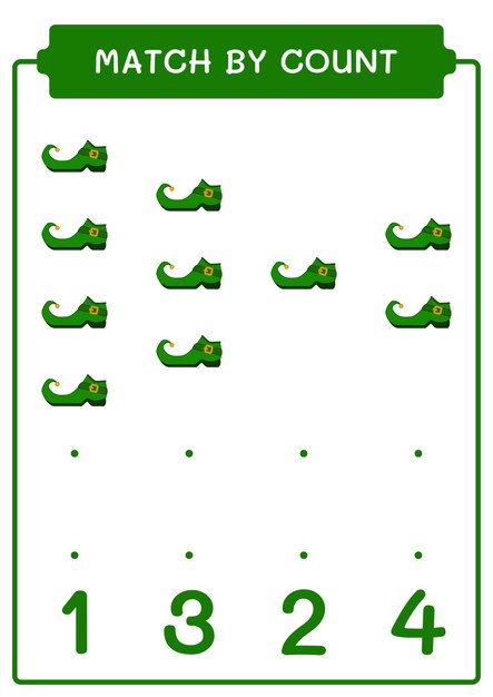 Match by count of Leprechaun boot game for children Hoja de trabajo imprimible de ilustración vectorial