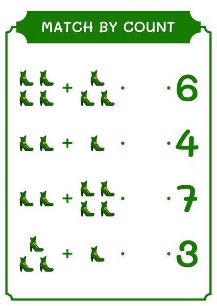 Match by count of Leprechaun boot game for children Hoja de trabajo imprimible de ilustración vectorial