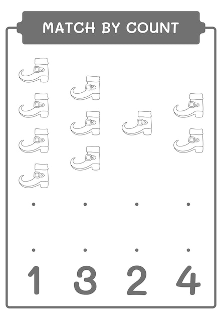 Match by count of Leprechaun boot game for children Hoja de trabajo imprimible de ilustración vectorial