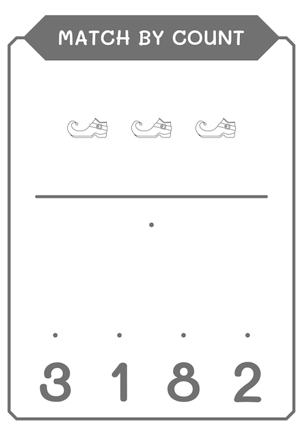 Match by count of Leprechaun boot game for children Hoja de trabajo imprimible de ilustración vectorial