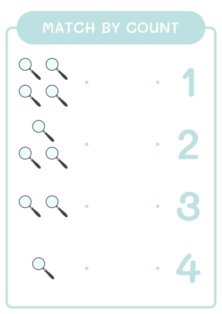 Match by count of Lupa juego para niños Hoja de trabajo imprimible de ilustración vectorial