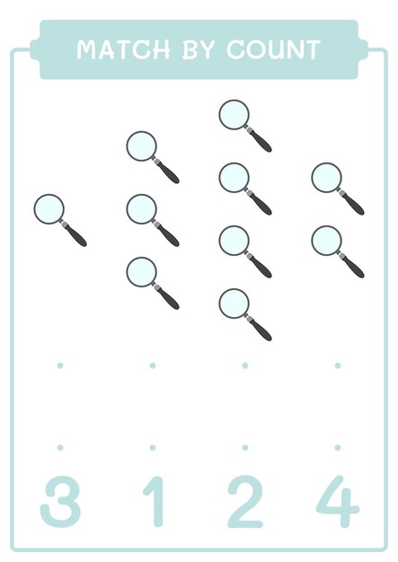 Match by count of Lupa juego para niños Hoja de trabajo imprimible de ilustración vectorial