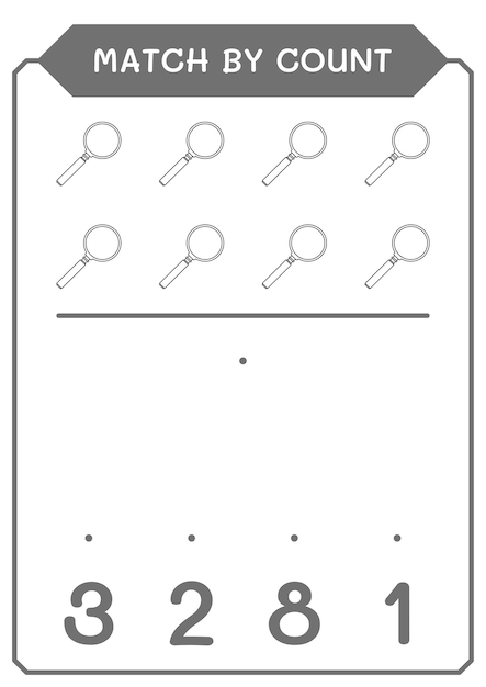 Match by count of lupa juego para niños hoja de trabajo imprimible de ilustración vectorial