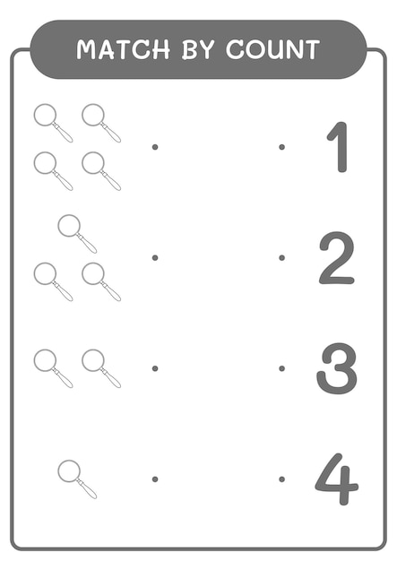 Match by count of Lupa juego para niños Hoja de trabajo imprimible de ilustración vectorial