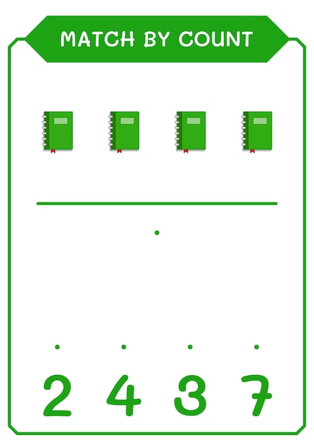 Match by count of notebook juego para niños hoja de trabajo imprimible de ilustración vectorial