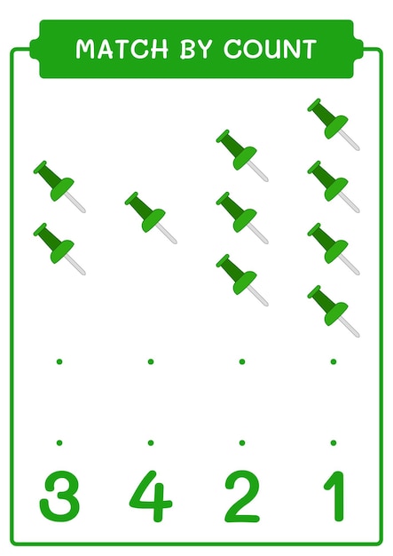 Match by count of Push pin game for children Hoja de trabajo imprimible de ilustración vectorial