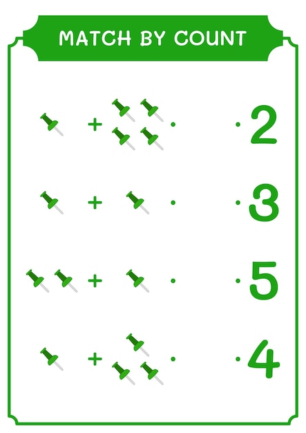 Match by count of Push pin game for children Hoja de trabajo imprimible de ilustración vectorial