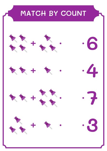 Match by count of Push pin game for children Hoja de trabajo imprimible de ilustración vectorial