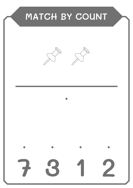 Match by count of push pin game for children hoja de trabajo imprimible de ilustración vectorial