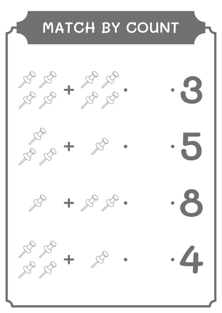 Match by count of Push pin game for children Hoja de trabajo imprimible de ilustración vectorial