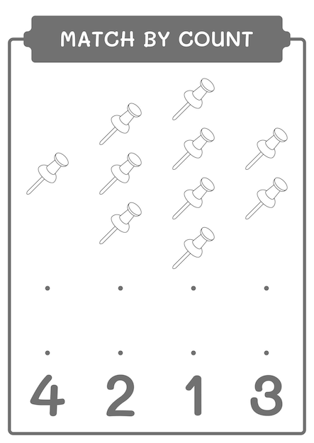 Match by count of push pin game for children hoja de trabajo imprimible de ilustración vectorial