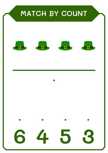 Match by count of st patrick's day hat game for children hoja de trabajo imprimible de ilustración vectorial