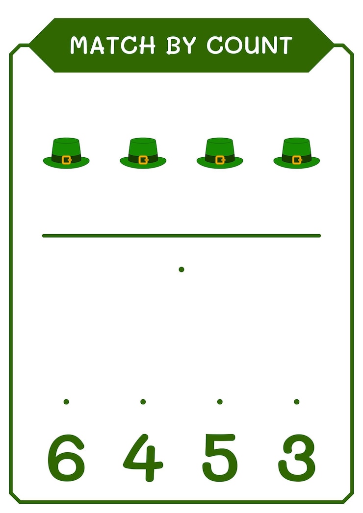 Vector match by count of st patrick's day hat game for children hoja de trabajo imprimible de ilustración vectorial