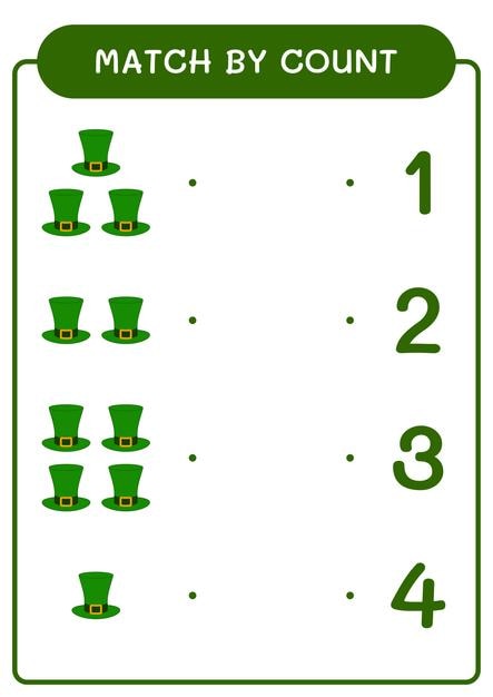 Match by count of St Patrick's Day hat game for children Hoja de trabajo imprimible de ilustración vectorial