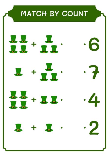 Match by count of St Patrick's Day hat game for children Hoja de trabajo imprimible de ilustración vectorial