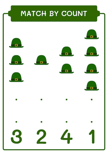 Match by count of st patrick's day hat game for children hoja de trabajo imprimible de ilustración vectorial