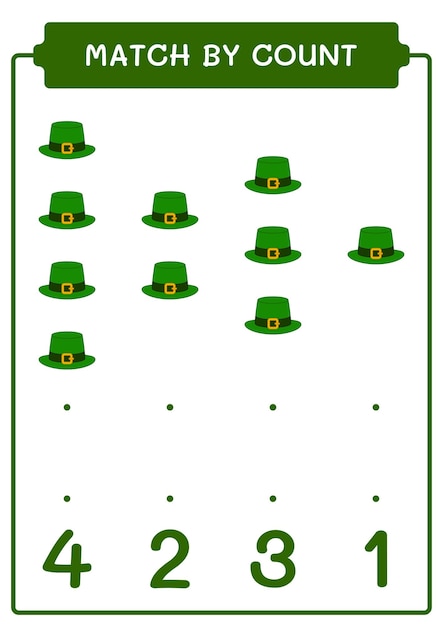 Match by count of St Patrick's Day hat game for children Hoja de trabajo imprimible de ilustración vectorial