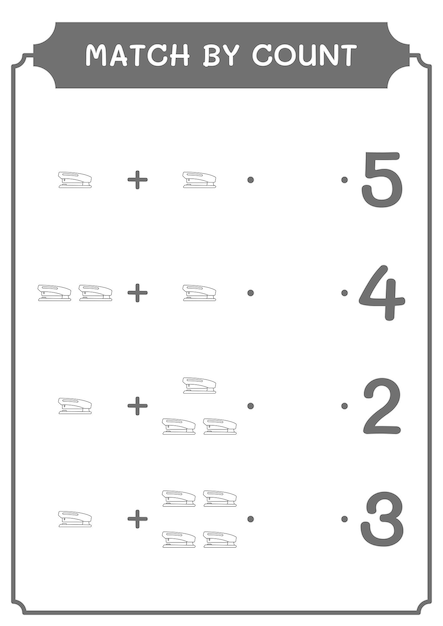 Match by count of stapler game for children hoja de trabajo imprimible de ilustración vectorial