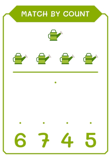 Match by count of Watering can game for children Hoja de trabajo imprimible de ilustración vectorial