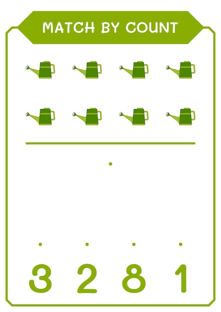 Match by count of Watering can game for children Hoja de trabajo imprimible de ilustración vectorial