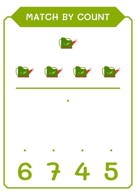 Match by count of watering can game for children hoja de trabajo imprimible de ilustración vectorial