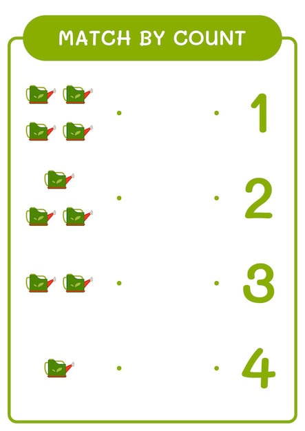 Match by count of watering can game for children hoja de trabajo imprimible de ilustración vectorial