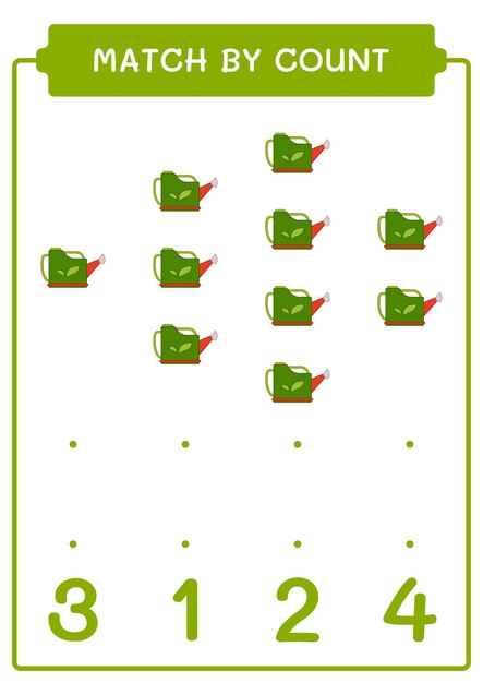 Match by count of watering can game for children hoja de trabajo imprimible de ilustración vectorial