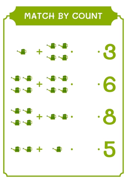 Match by count of Watering can game for children Hoja de trabajo imprimible de ilustración vectorial