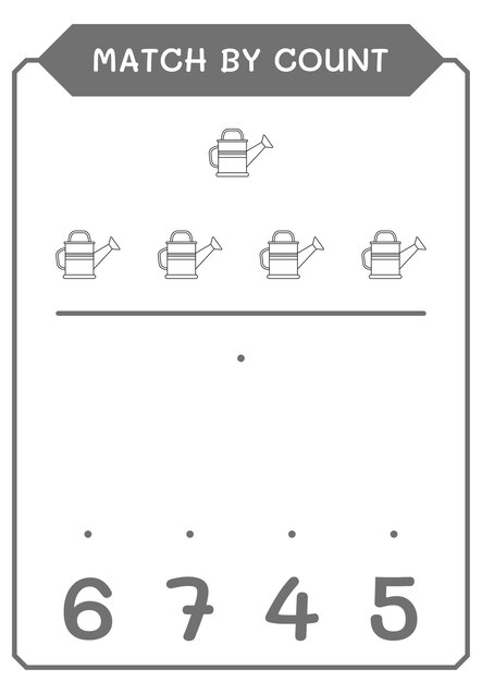 Match by count of watering can game for children hoja de trabajo imprimible de ilustración vectorial